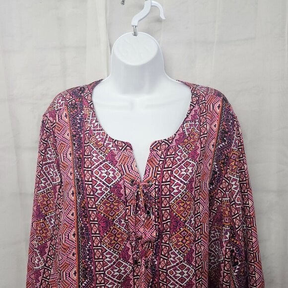 Faded Glory Pink Aztec Boho Tribal Peasant Roll Tab Tunic Blouse 18W/20W - Picture 2 of 11